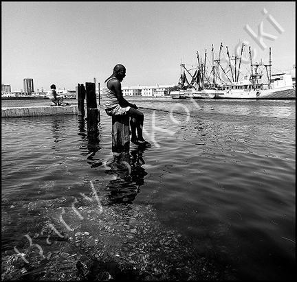 Fishing, black and white photograph